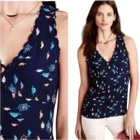 Anthropologie Maeve Tank Top Turtle Print Scalloped Blue 6 - Picture 1 of 8